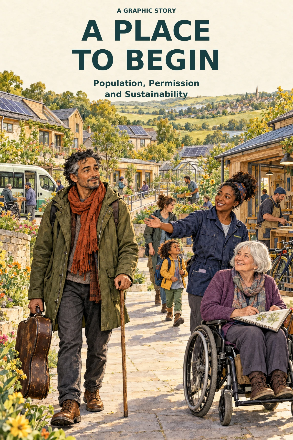 A Place to Begin: illustrated cover showing a welcoming, accessible community with homes, gardens and solar panels
